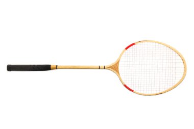 Bir raket üzerinde beyaz izole. Kavram badminton.