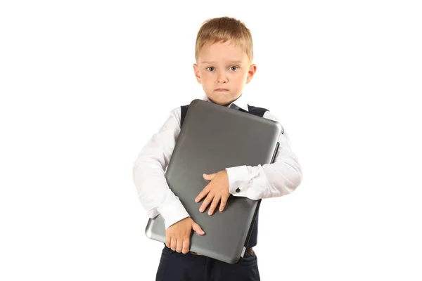 Schoolboy Classic Suit Laptop Isolated White Concept Online Training — Stock Photo, Image