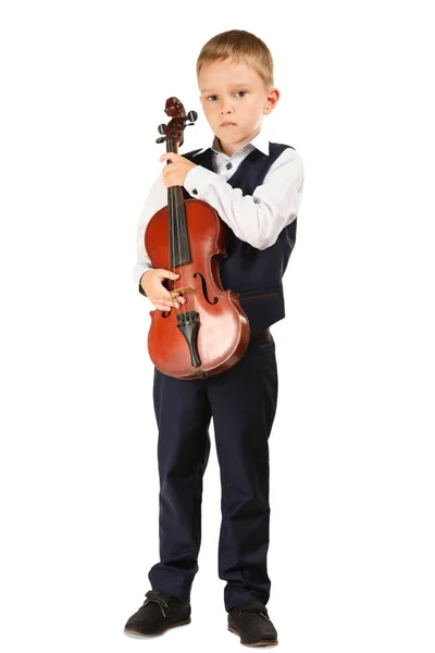 Menino Terno Clássico Com Violino Isolado Branco Conceito Hobby Fotografias De Stock Royalty-Free