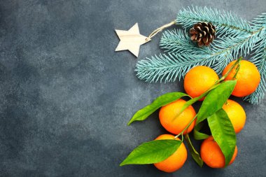 Mandalina ve dal Noel ağacı mavi zemin üzerine. Kavram Noel. Üstten görünüm.