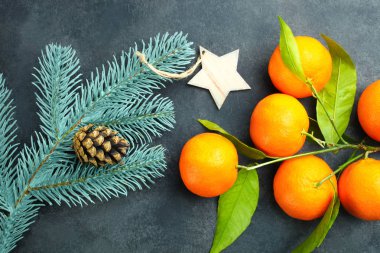 Mandalina ve dal Noel ağacı mavi zemin üzerine. Kavram Noel. Üstten görünüm.