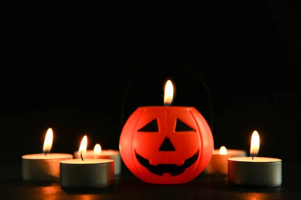 Pumpkin Head Fire Candles Dark Concept Halloween — Stock Photo, Image