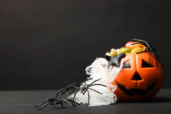 Pumpkin Head Sweets Spiders Black Background Concept Halloween — Stock Photo, Image