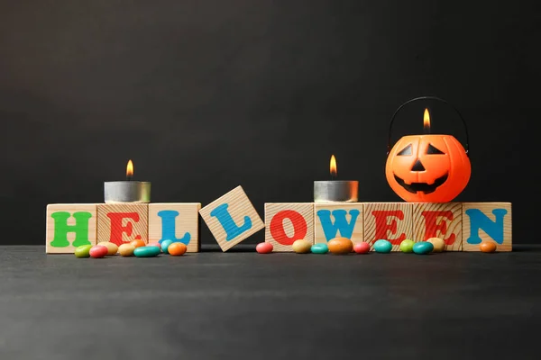 Pumpkin Head Candles Halloween Inscription Black Background — Stock Photo, Image