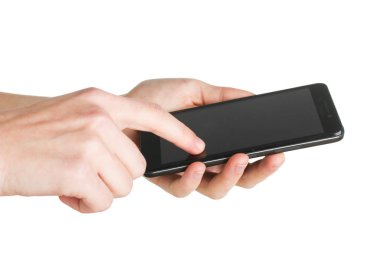 Siyah smartphone üzerinde beyaz izole elinde. Kavramı modern teknoloji.