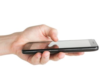 Siyah smartphone üzerinde beyaz izole elinde. Kavramı modern teknoloji.