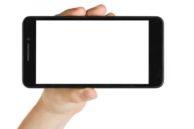 Modern smartphone üzerinde beyaz izole elinde. Kopya alanı.