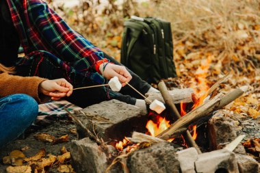 İnsanlar şenlik ateşi üzerinde şekerleme kızartmak. Kavram sonbahar piknik.