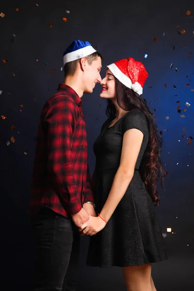 Loving Couple Boyfriend Girlfriend Confetti Background Concept New Year — Stock Photo, Image