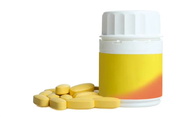 Vitamin Kuning Dan Botol Diisolasi Pada Latar Belakang Putih Konsep — Stok Foto