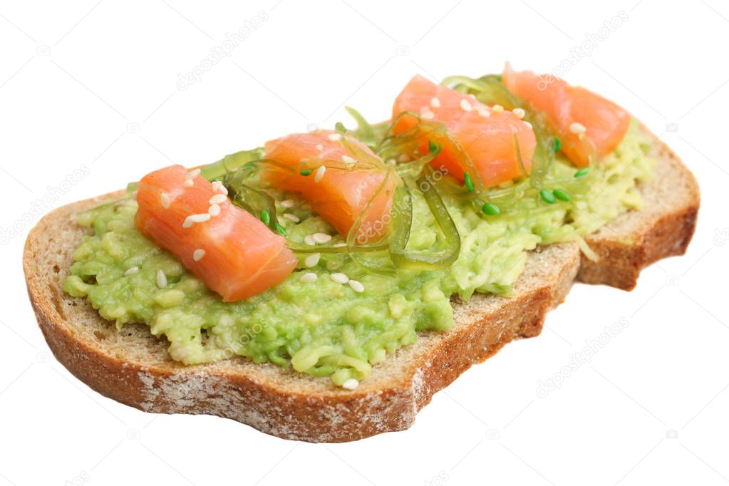 Toast with avocado and red fish isolated on white.