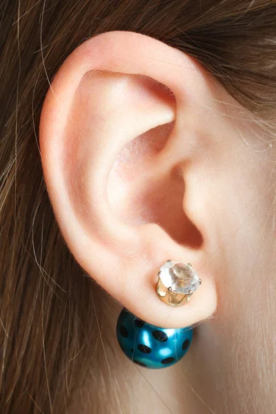 Female Ear Beautiful Blue Earring Concept Accessory — Stock Photo, Image