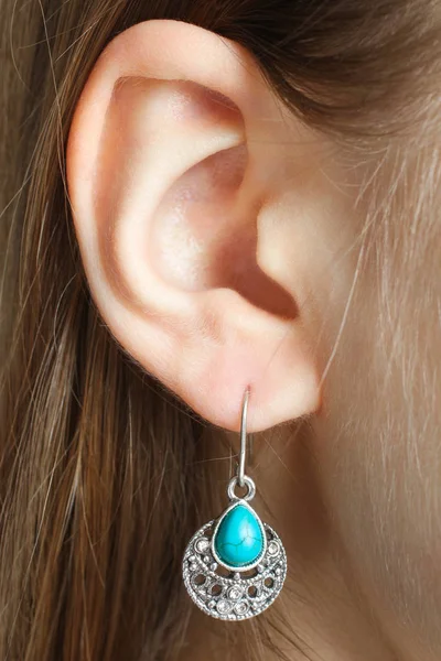 Ear Beautiful Earring Turquoise Stone Concept Accessory — Stock Photo, Image