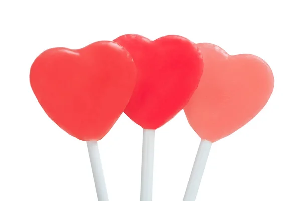 Drei Karamellbonbons Roter Farbe Herzform Isoliert Auf Weiß Konzept Des — Stockfoto