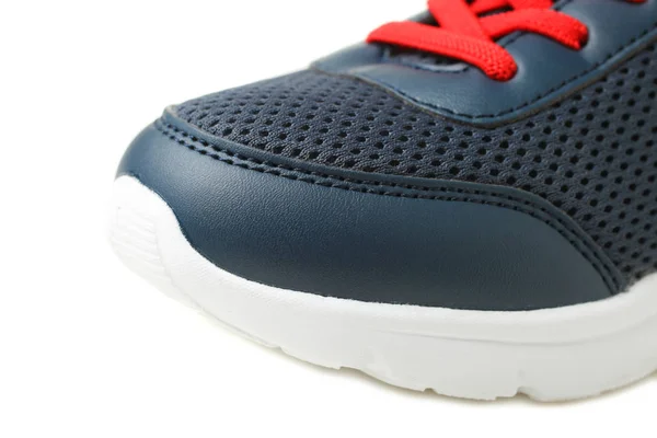 Een Blauwe Sneakers Sneaker Met Lichte Rode Kant Geïsoleerd Wit — Stockfoto