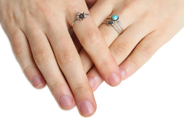 Jogo Anéis Prata Mulher Com Pedra Azul Turquesa Flores Mãos — Fotografia de Stock