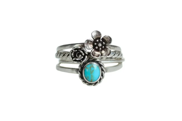 Set Women Silver Rings Turquoise Stone Flowers Isolated White Concept — Stock Photo, Image