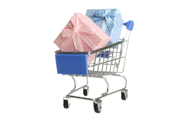 Caixas Presente Rosa Azul Mantimento Trolly Isolado Branco Conceito Comprar — Fotografia de Stock