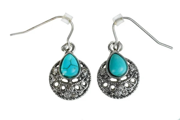 Beautiful Fashionable Women Silver Earrings Turquoise Stone Isolated White Background — Stock Photo, Image