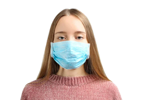 One Sick Girl Blue Medical Mask Isolated White Virus Flu — Stock Photo, Image