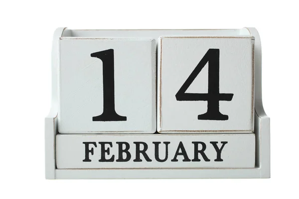 Decorative White Wooden Calendar Date February 14Th Isolated White Concept — Stock Photo, Image