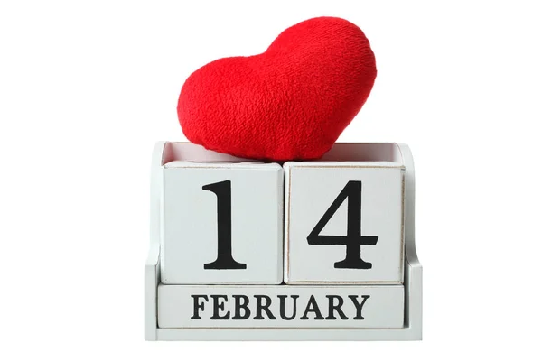 Decorative White Wooden Calendar Date February Soft Red Heart Isolated — Stock Photo, Image