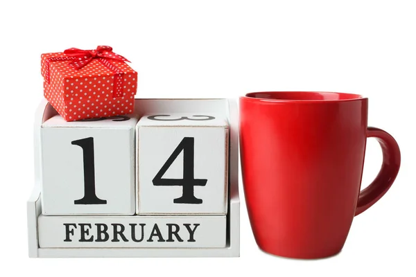 White Decorative Wooden Calendar Date February Red Cup Tea Small — Stock Photo, Image