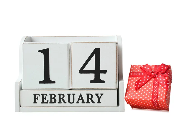 White Decorative Wooden Calendar Date February Red Small Box Gift — Stock Photo, Image