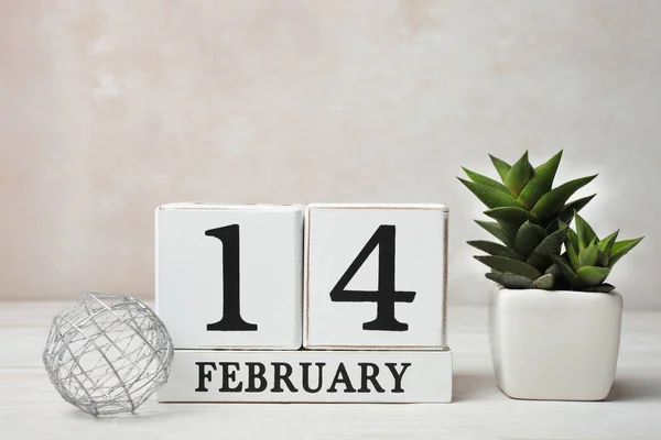 Wooden White Calendar Date February Small Cactus Succulent Wooden Table — Stock Photo, Image