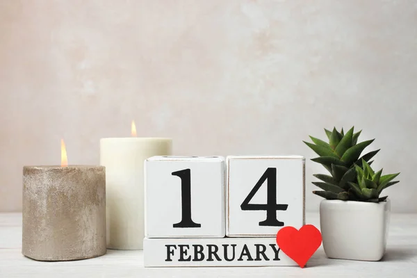 Wooden White Calendar Date February Small Cactus Succulent Aromatic Burning — Stock Photo, Image