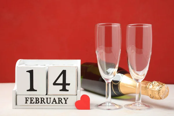 White Wooden Calendar Date February Two Glasses Bottle Champagne Table — Stock Photo, Image