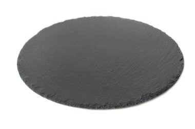 Beyaz izole kurulu hizmet veren boş siyah yuvarlak sayfa. Kopya alanı.