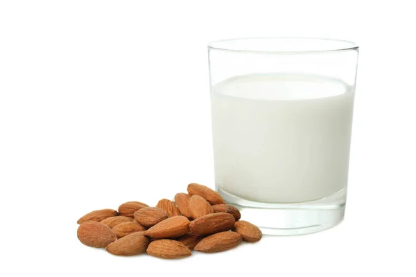 Copa Vidrio Leche Almendras Aisladas Blanco Concepto Leche Almendras —  Fotos de Stock