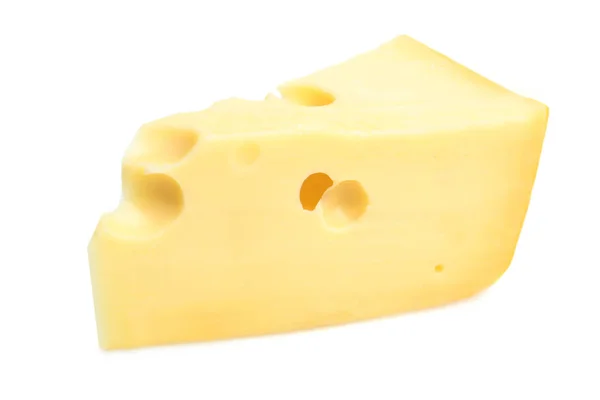 一三角形一块坚硬黄色 Maasdam 奶酪查出在白色 — 图库照片