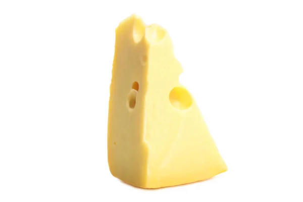 Один Треугольный Кусок Жёлтого Маасдамского Сыра Изолированный Белом — стоковое фото