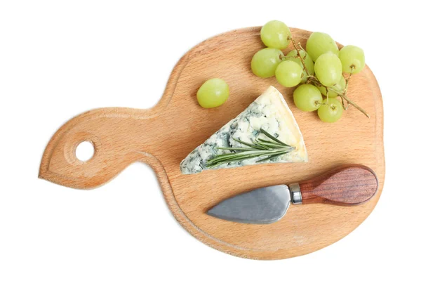 Blue Cheese Grapes Knife Wooden Cutting Board Isolated White Top — Stock Photo, Image