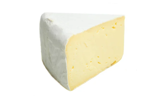 Una Pieza Triangular Delicado Queso Camembert Blanco Aislado Sobre Fondo —  Fotos de Stock