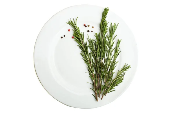 Rosemary Verde Fresco Pimentas Misturam Chapa Redonda Isolada Branco Cozinhar — Fotografia de Stock