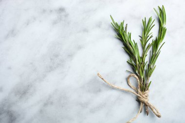 Mermer zemin üzerine taze yeşil biberiye. Kavram tıp. Üstten Görünüm, kopya alanı.