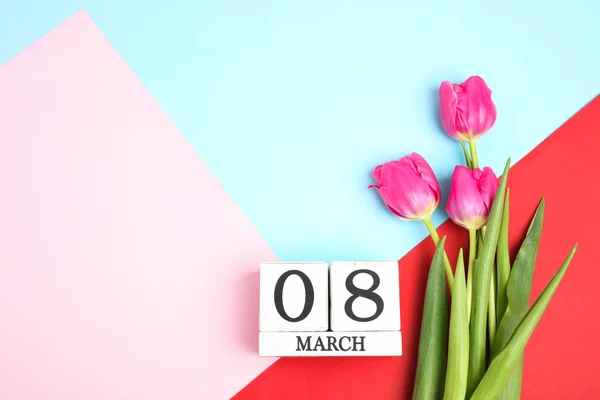 Beautiful Pink Tulips Calendar Bright Colored Background Concept International Women — Stock Photo, Image