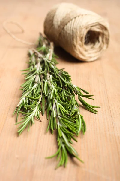 Fresh Green Rosemary Branch Twine Wooden Background — Stock Photo, Image