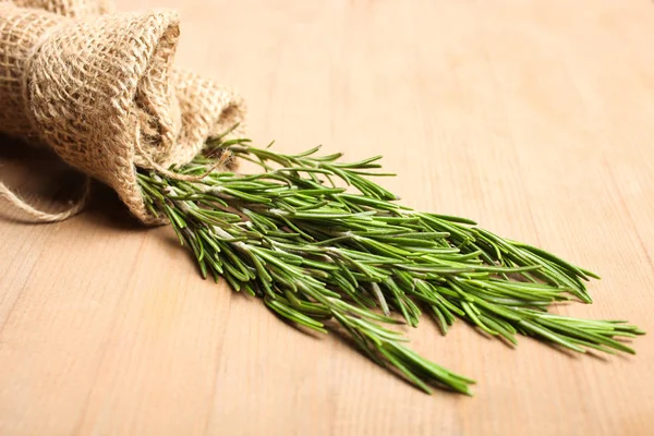 Fresh Green Rosemary Branch Burlap Wooden Background Concept Medicine Copy — Stock Photo, Image