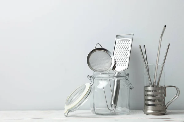 Paja de acero y utensilios de cocina, cero residuos . — Foto de Stock