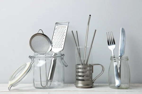 Paja de acero, utensilios de cocina y cubiertos, cero residuos . — Foto de Stock