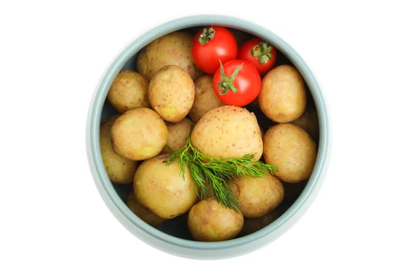 Batatas jovens fervidas com verdes e tomates cereja — Fotografia de Stock