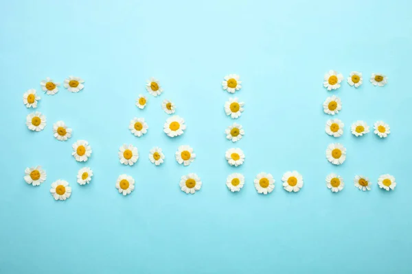 Napis "sprzedaż" małych kwiatów chryzantemy — Zdjęcie stockowe