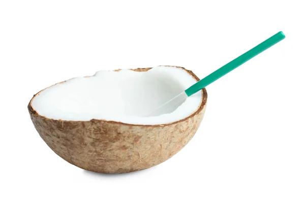 One half of broken coconut with straw — Stock Photo, Image