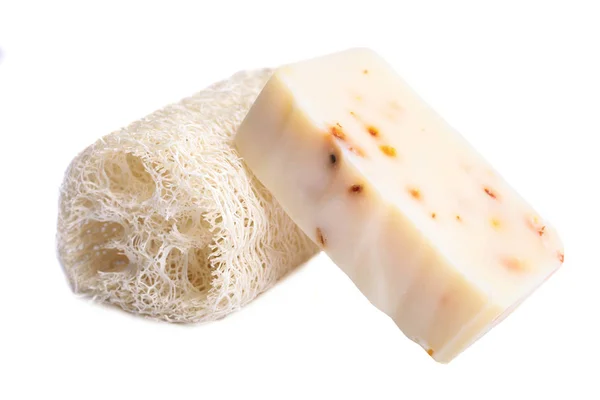 Organic soap and loofah sponge — Stock Photo, Image