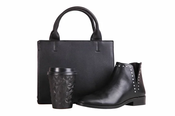 Bolsa preta e botas de outono preto — Fotografia de Stock