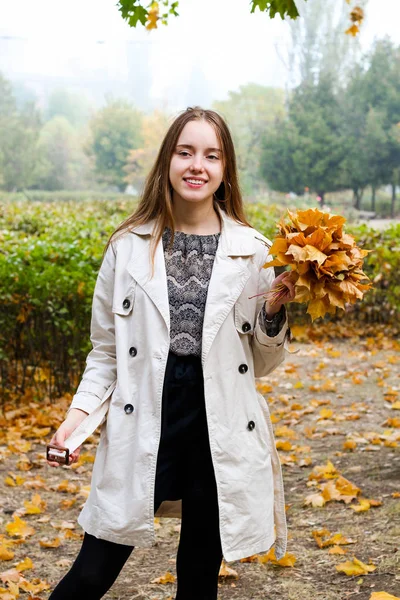 Chica camina en el parque con ramo de hojas de otoño — Foto de Stock